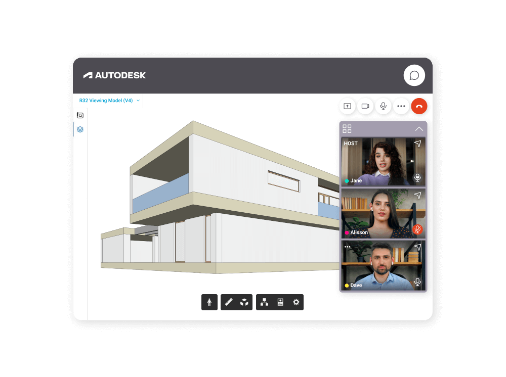 A collaborative interface using SuperViz and Autodesk Platform Services includes a video huddle panel with live video feeds of participants, enabling face-to-face communication alongside real-time 3D model editing.