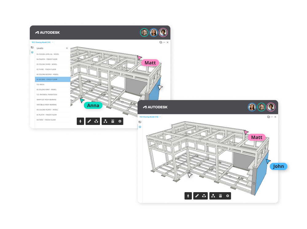 A collaborative interface using SuperViz and Autodesk Platform Services shows multiple users co-editing a 3D model in real-time with colored cursors and chat bubbles, highlighting active participation and seamless teamwork.