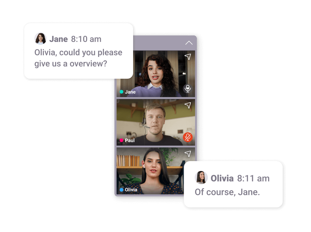 A video call interface using SuperViz and Autodesk Platform Services shows three participants: Jane, Paul, and Olivia. Jane is speaking and asking Olivia for an overview, as displayed in a chat bubble. Olivia's response is shown in another chat bubble. The interface includes options for muting and unmuting microphones