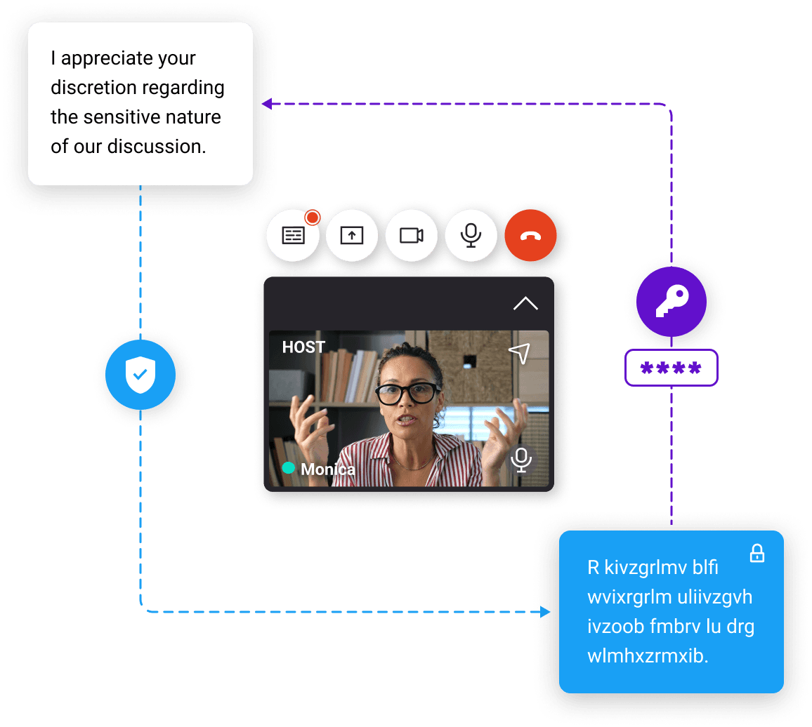 SuperViz Video SDK interface highlighting security features, including a video call with encryption icons, secure chat messages, and user communication about the sensitive nature of the discussion.