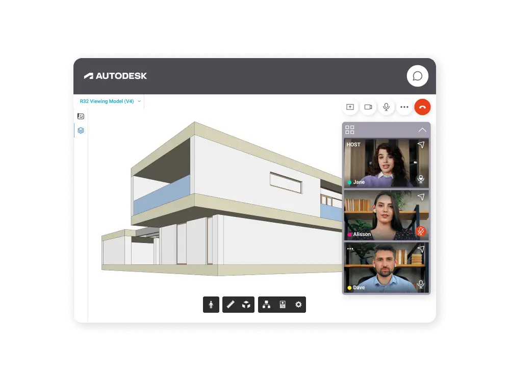 A collaborative interface using SuperViz and Autodesk Platform Services includes a video huddle panel with live video feeds of participants, enabling face-to-face communication alongside real-time 3D model editing.