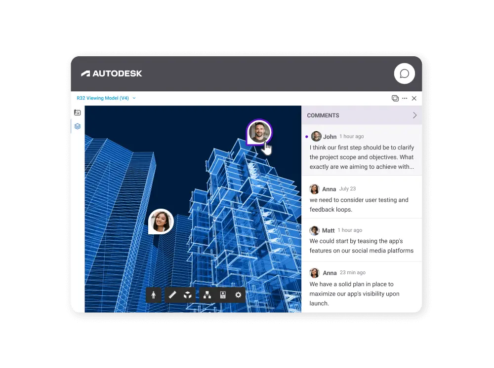 A collaborative interface using SuperViz and Autodesk Platform Services shows contextual comments linked to specific elements of a 3D model. Users leave comments directly on the model, facilitating focused discussions and efficient collaboration.