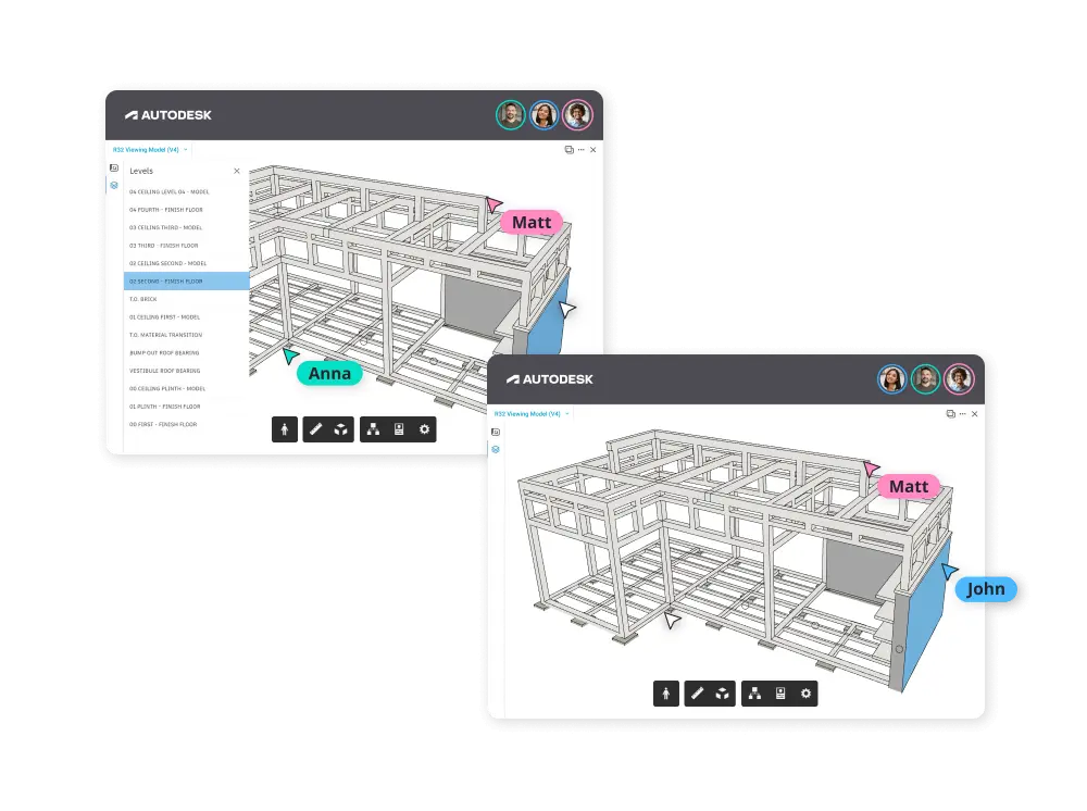 A collaborative interface using SuperViz and Autodesk Platform Services shows multiple users co-editing a 3D model in real-time with colored cursors and chat bubbles, highlighting active participation and seamless teamwork.