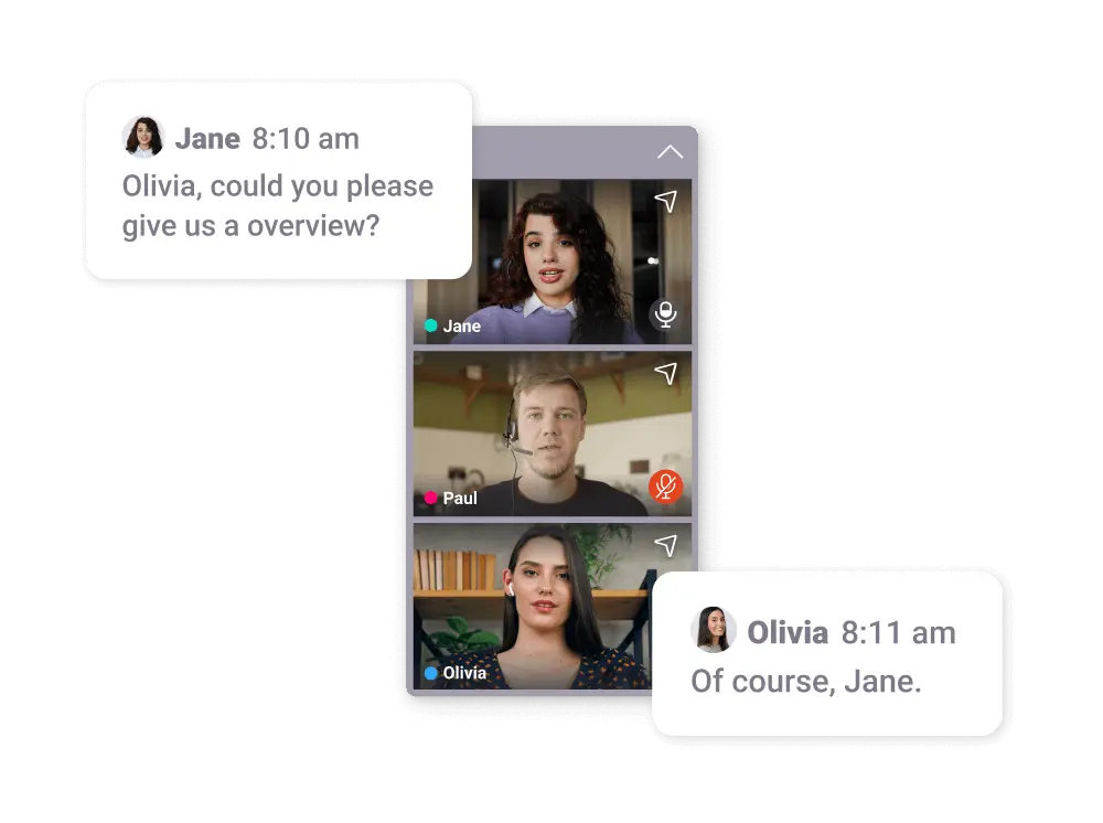 A collaborative interface using SuperViz and Autodesk Platform Services displays live video feeds with AI-generated transcripts of the conversation, ensuring all discussions are documented and accessible.