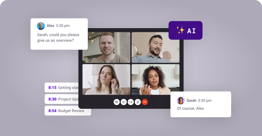SuperViz AI-Powered Video SDK interface showing a video conference with four participants, chat messages, meeting agenda, and an AI icon, demonstrating transcription and meeting insights features.