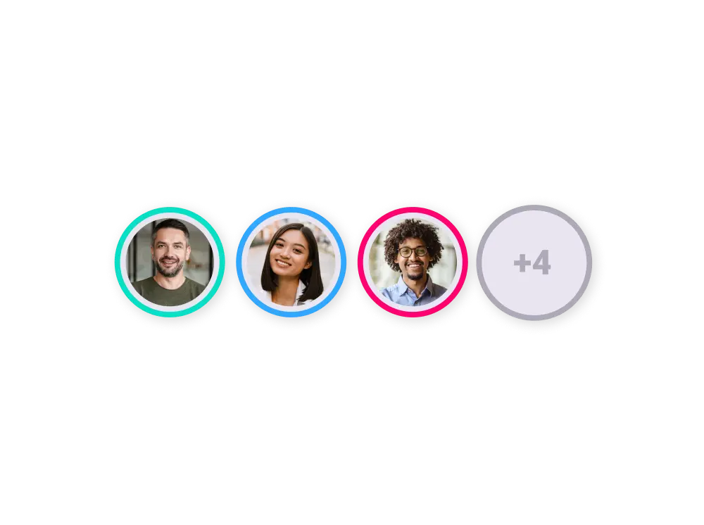 Profile pictures of three users with colored circles around them indicating online status, followed by an icon showing plus four more users. This image represents the See who is online feature in SuperViz for React Flow