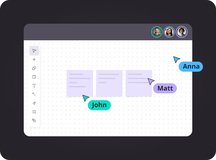 SuperViz real-time collaboration interface showing three users, John, Matt, and Anna, interacting with design tools and text boxes. Demonstrates multi-user real-time collaboration features.