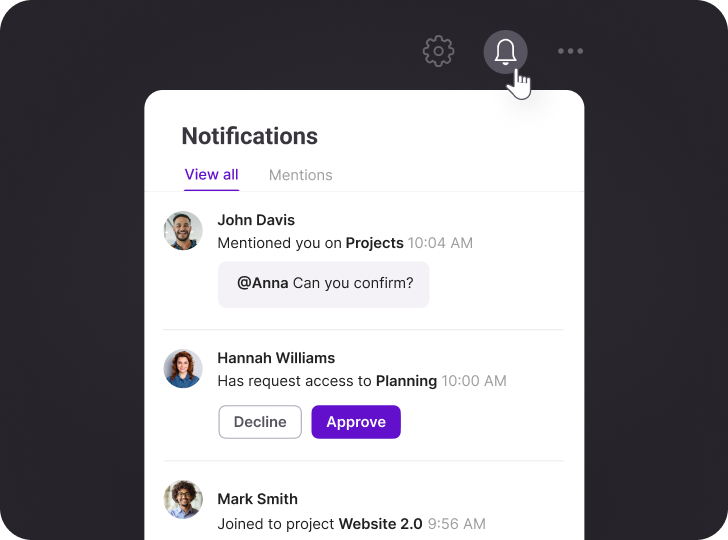 SuperViz real-time notifications interface showing mentions and updates. Users John Davis, Hannah Williams, and Mark Smith are highlighted with actions like approving access and project mentions.