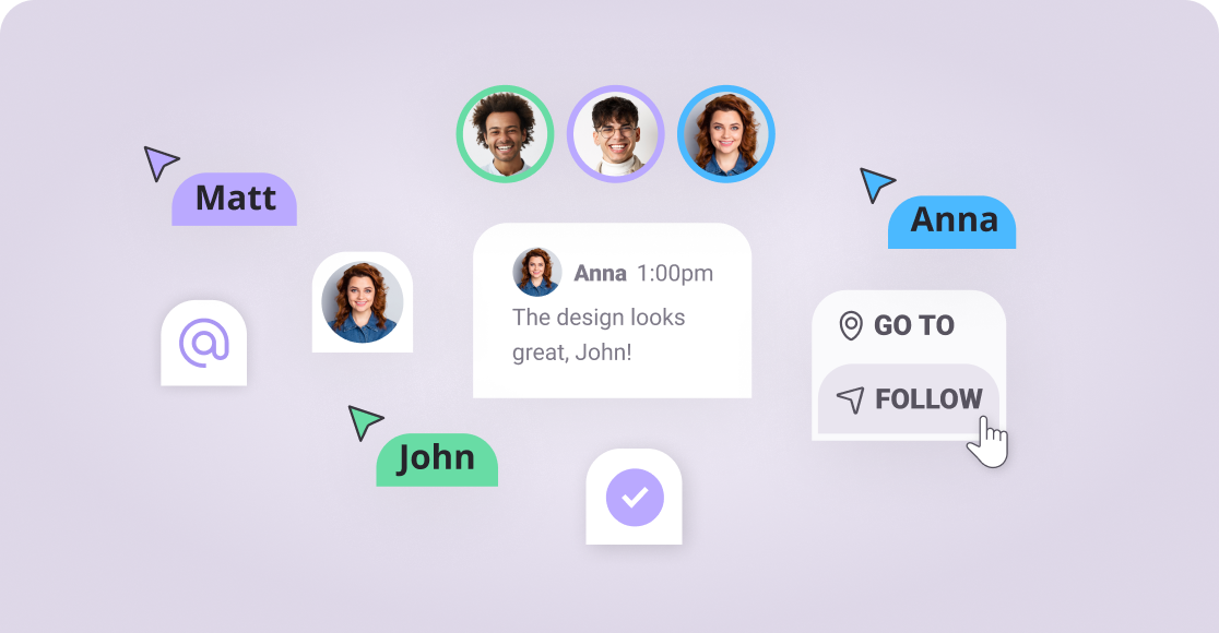 SuperViz SDK showcasing collaboration components with user avatars, chat messages, and interactive follow and go-to buttons for enhanced teamwork.