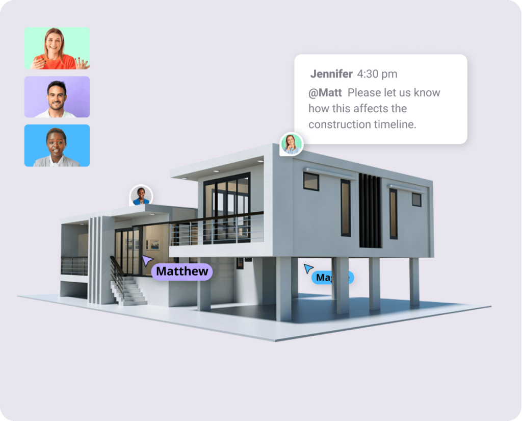 3D BIM model of a modern building with SuperViz integration. Team members, including Jennifer, Matt, and others, engage in real-time collaboration. Jennifer asks Matt about the construction timeline, demonstrating the interactive discussion capabilities and video conferencing features provided by SuperViz.