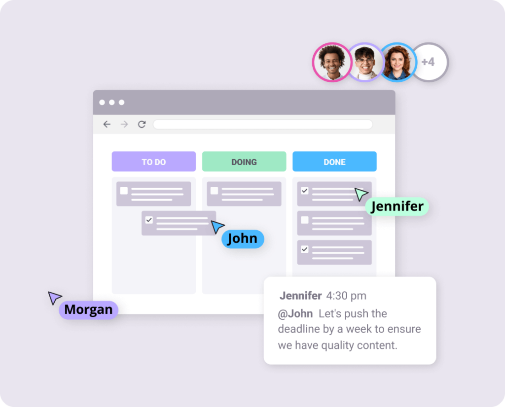 Project management interface showing SuperViz integration. Team members, including John, Jennifer, and Morgan, collaborate in real-time on a Kanban board with 'To Do', 'Doing', and 'Done' columns. Jennifer suggests pushing the deadline to ensure quality content, illustrating the real-time discussion and task updates enabled by SuperViz.