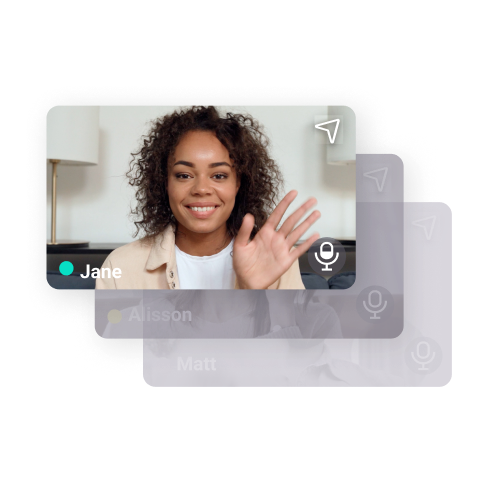 SuperViz Video SDK interface showing a video call with a participant named Jane waving, demonstrating the capability of up to 25 participants on group calls.