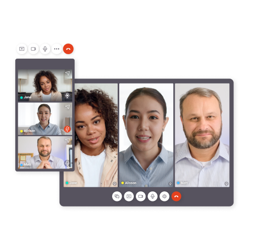 SuperViz Video SDK demonstrating the ability to switch between multiple view modes in a video call with four participants.