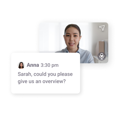 SuperViz Video SDK showcasing an AI-powered transcript feature with a video call participant named Anna and a chat message requesting an overview.
