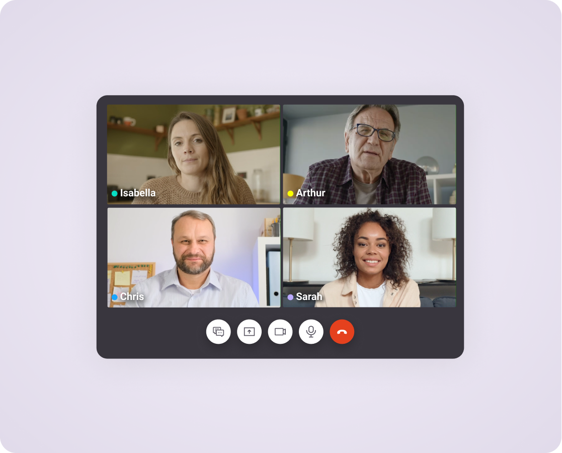 SuperViz video conference interface showing four participants named Isabella, Arthur, Chris, and Sarah in a virtual meeting.